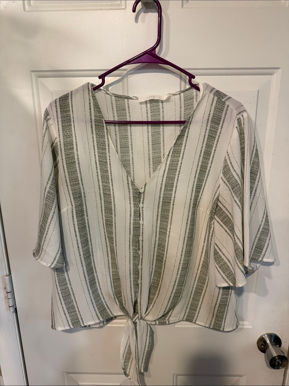 Lush Olive and White Striped Tie-Front Button Down Top. Size medium